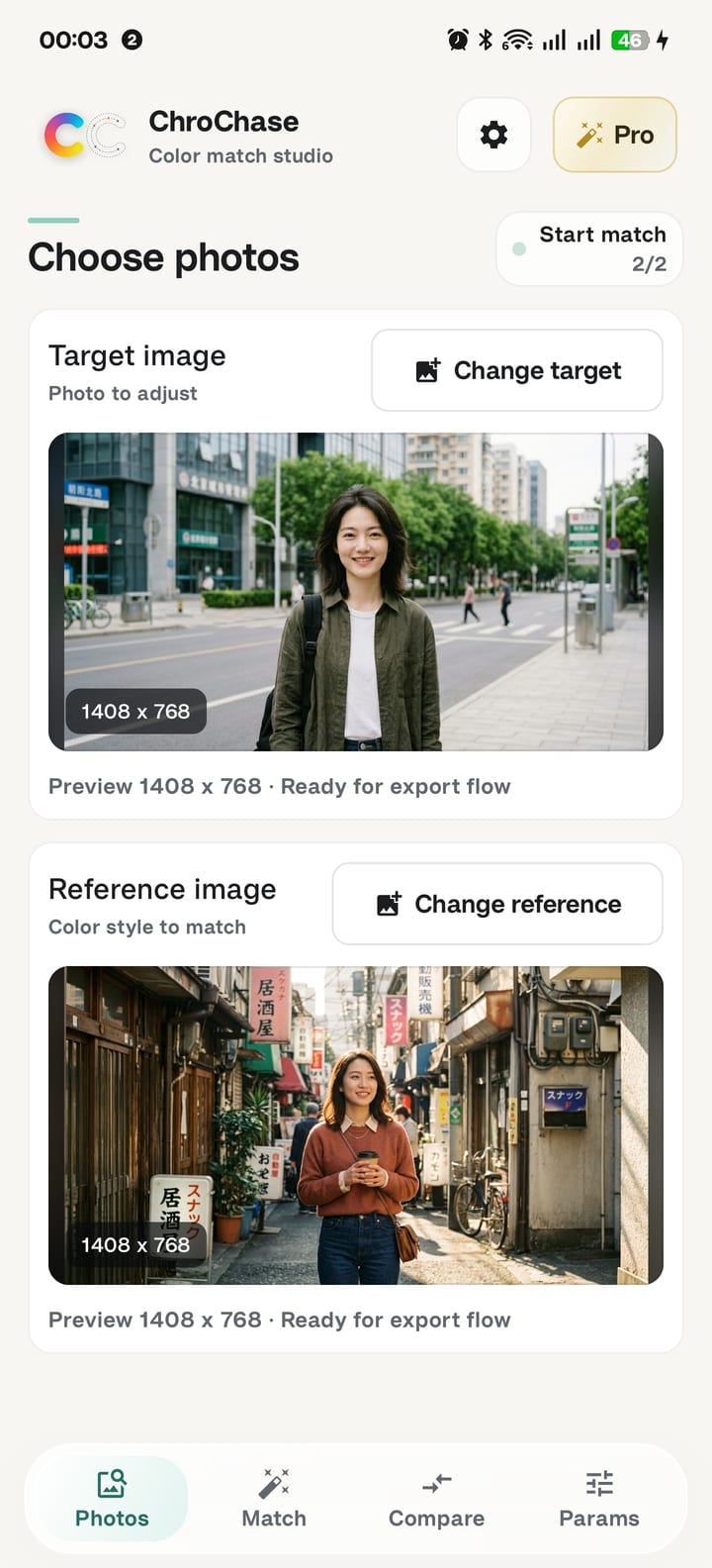 ChroChase Android screen for choosing target and reference images